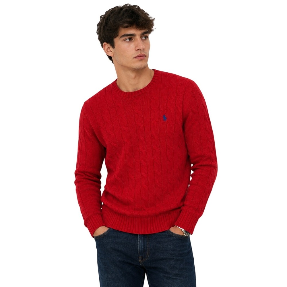POLO RALPH LAUREN Cable Knit Sweater Red Cotton Pony Logo Preppy 90s S